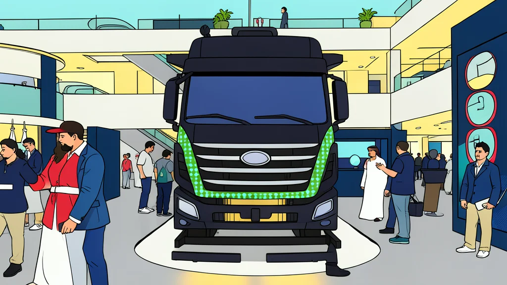 A sleek autonomous truck driving on a desert highway with a clear sky and distant mountains.