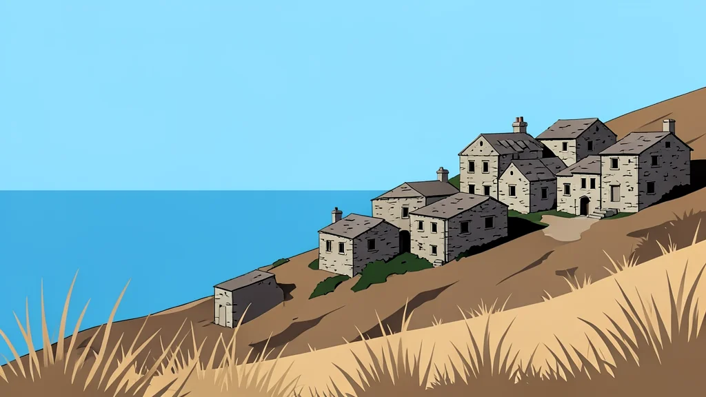 A cluster of weathered stone houses on a hillside overlooking a calm blue sea, with dry grass in the foreground.