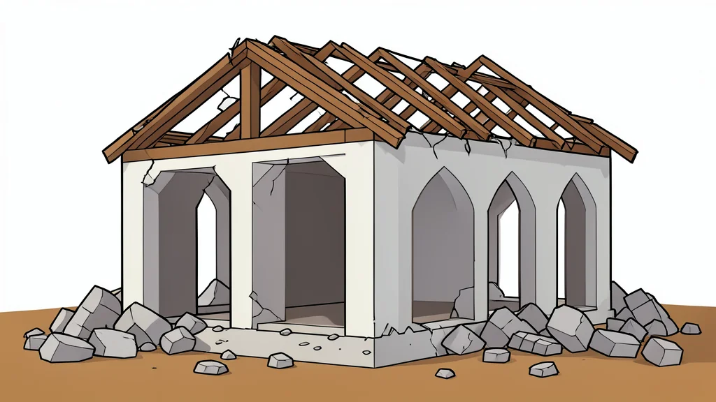 A damaged mosque structure with collapsed roof beams and rubble scattered on the ground