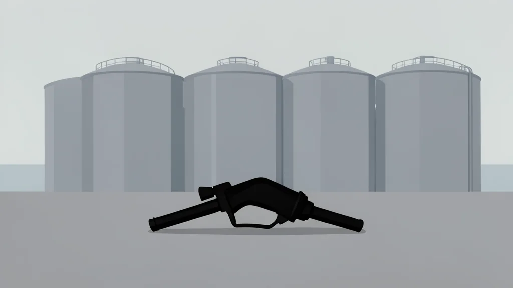 A fuel pump nozzle resting on a concrete surface next to a row of industrial storage tanks under a hazy sky