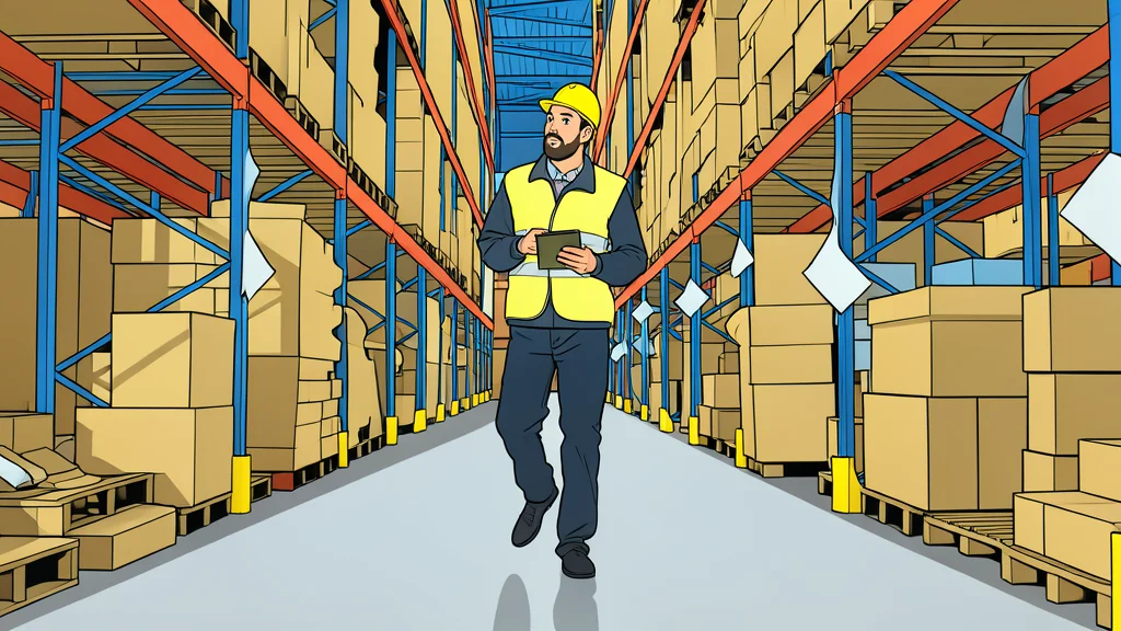 A large industrial warehouse interior with high ceilings and rows of metal shelving units stocked with boxes and equipment