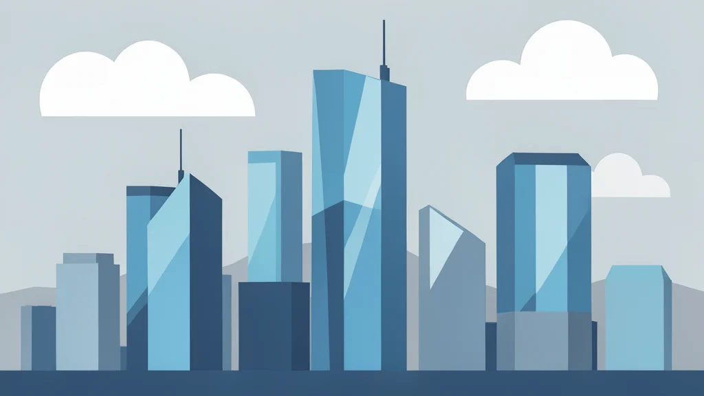 A view of a modern financial district skyline with glass skyscrapers reflecting a cloudy sky