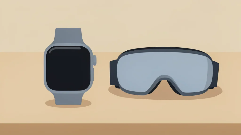 A smartwatch and a virtual reality headset resting on a wooden table