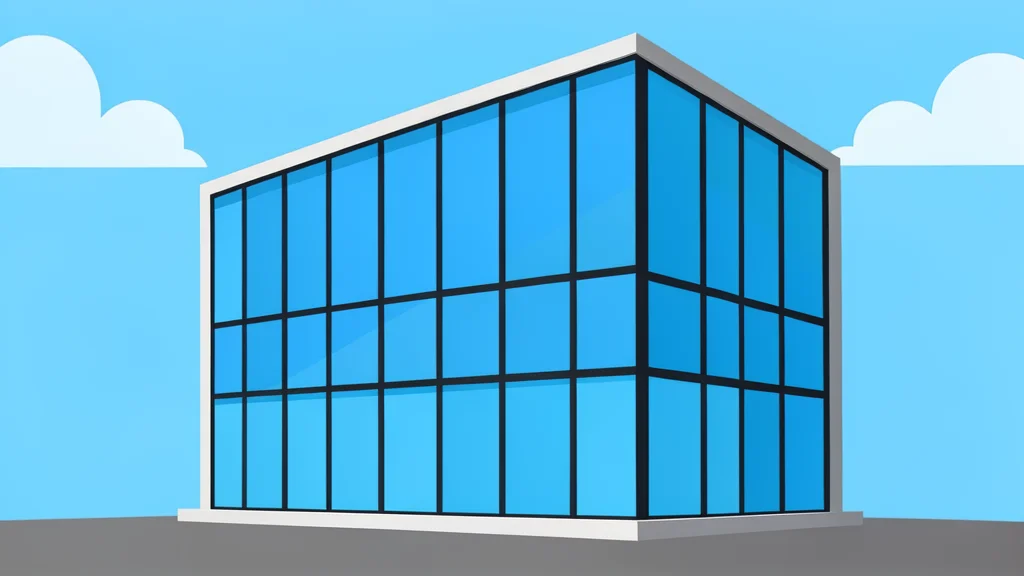 A modern glass office building with large windows reflecting a blue sky