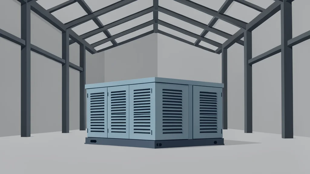 A large industrial battery storage unit standing in a warehouse