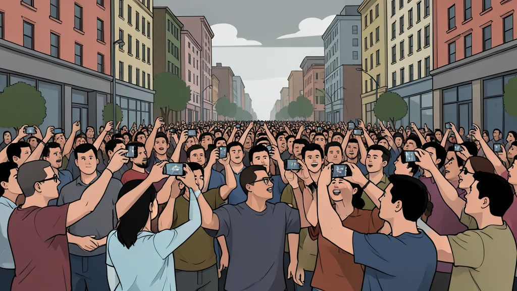 A dense crowd of people standing together in a city street, holding up smartphones to record the scene, with a backdrop of urban buildings and overcast sky.