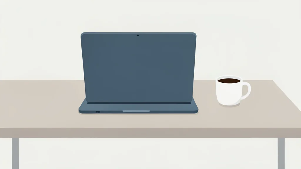 A modern office desk with a laptop and a coffee cup