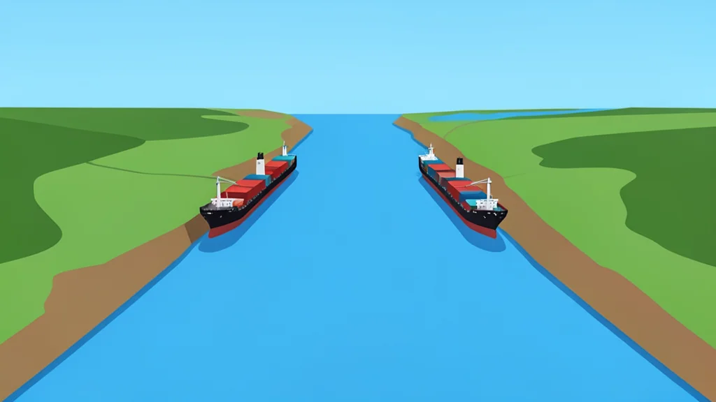 A flat-vector illustration of the Strait of Hormuz with oil tankers navigating the narrow waterway.