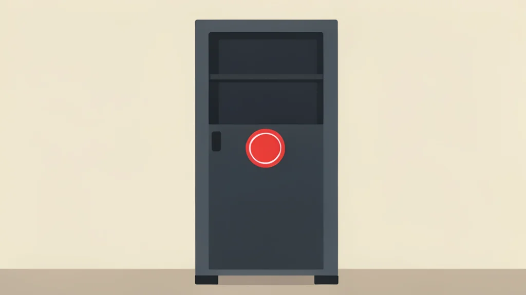 A heavy industrial server rack with a large, red emergency stop button mounted on the front panel