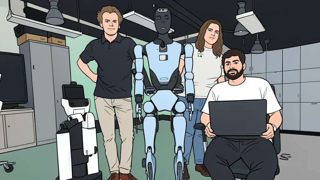 A flat-vector illustration of a bipedal humanoid robot standing in a laboratory setting.
