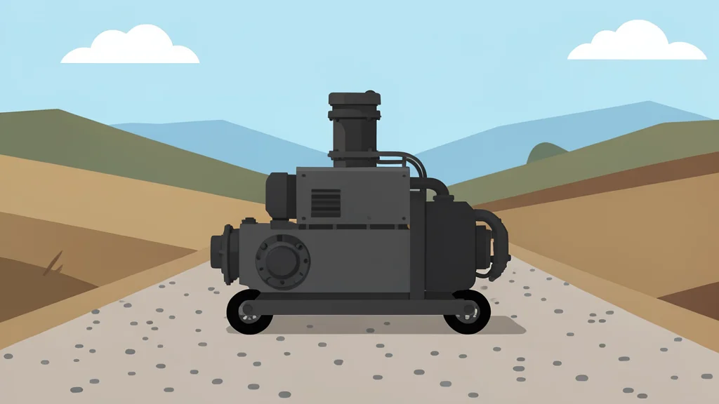 A heavy-duty industrial pump unit situated on a gravel service road in a rural landscape