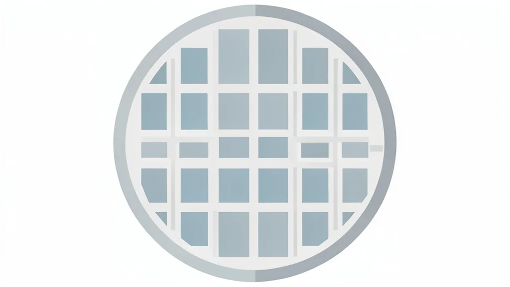 A close-up view of a silicon wafer with a grid of square integrated circuits