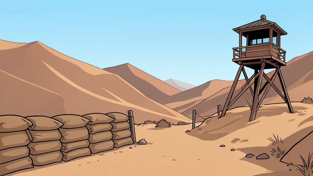 A flat-vector illustration of a dusty border checkpoint with sandbags and a watchtower overlooking a dry, mountainous valley.