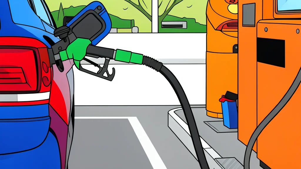 A gas pump nozzle resting on a concrete surface next to a row of parked cars