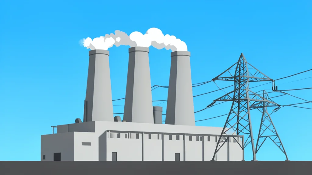 A large industrial power station with cooling towers and high-voltage transmission lines standing against a clear sky
