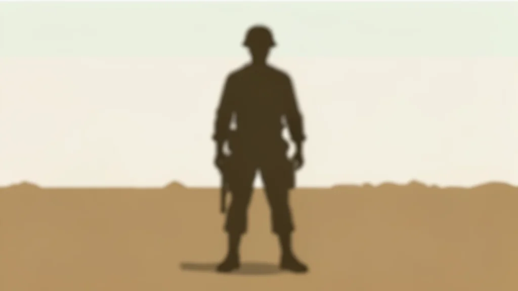 A blurred silhouette of a soldier standing in a dusty, open field