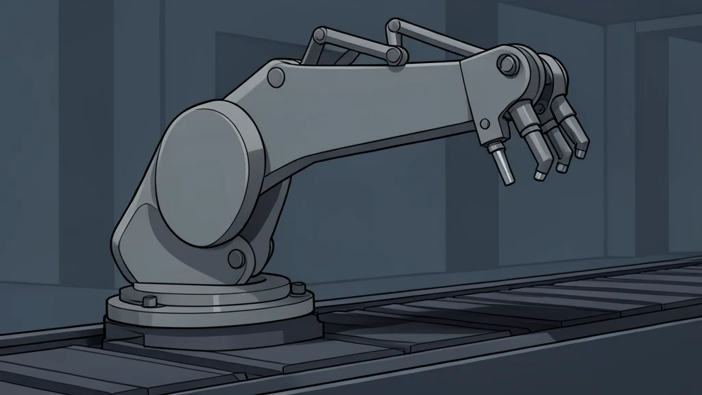 A modern industrial factory interior with robotic arms assembling a vehicle chassis on a conveyor belt