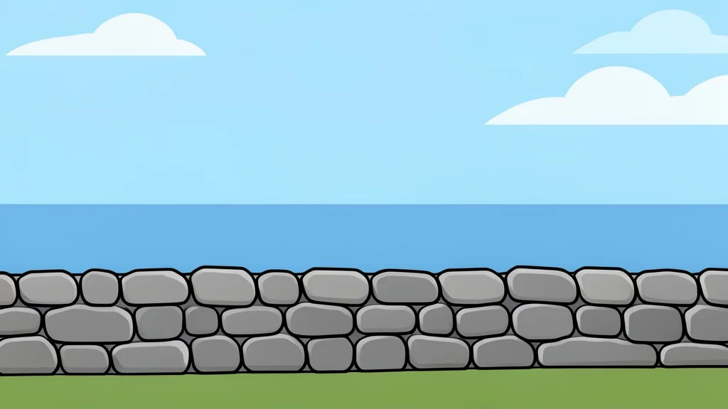 A stone wall border fence overlooking a calm sea horizon