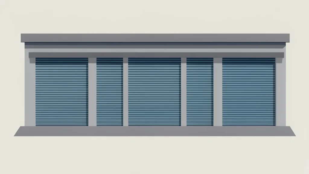 A row of closed metal shutters on a city street facade