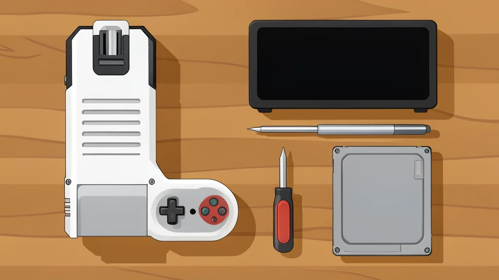 A wooden workbench holding a white router, black set-top box, game console, screwdriver, and bare hard drive.