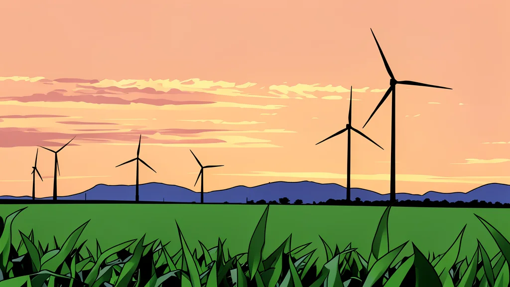 A large industrial building with cooling towers standing next to a row of tall wind turbines in a field