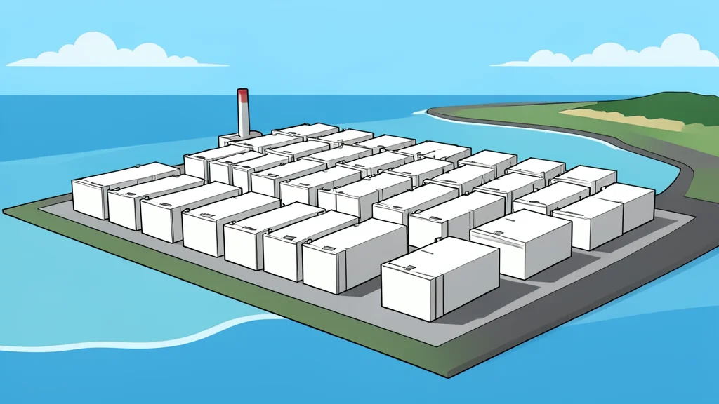 A coastal industrial landscape featuring rows of white rectangular battery containers situated near the shoreline.