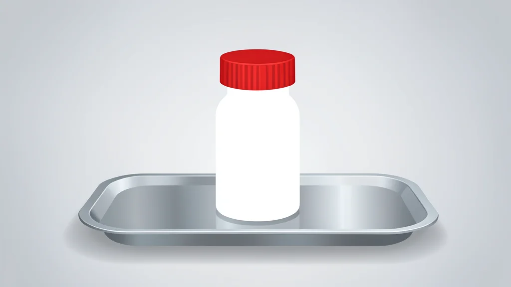A white collection vial with a red cap resting on a clean, metallic tray.