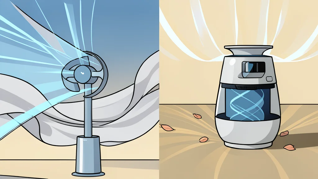 A modern white tower fan and a cylindrical air purifier standing on a wooden floor in a bright living room.