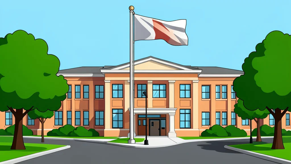 A university campus building with a flagpole flying a generic flag, surrounded by a quiet street and trees.