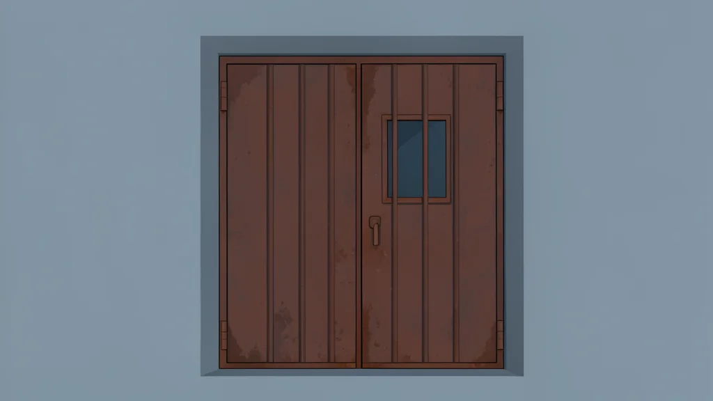 A closed heavy metal prison door with a small barred window