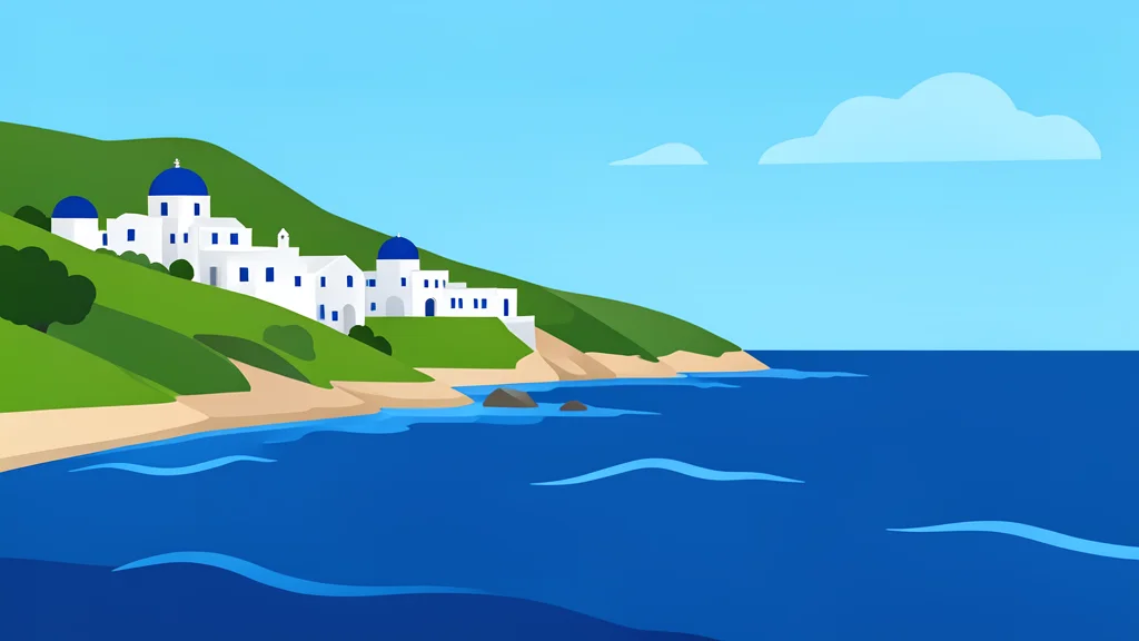 A coastal Mediterranean landscape with white stone buildings and blue sea
