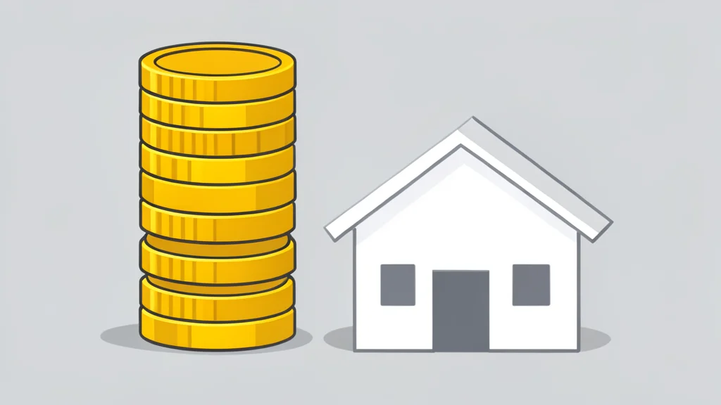 A stack of metallic coins standing next to a small white house model on a flat surface.