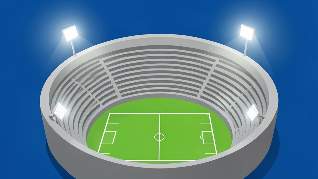 A large, empty stadium bowl with tiered seating and a green playing field under bright floodlights.