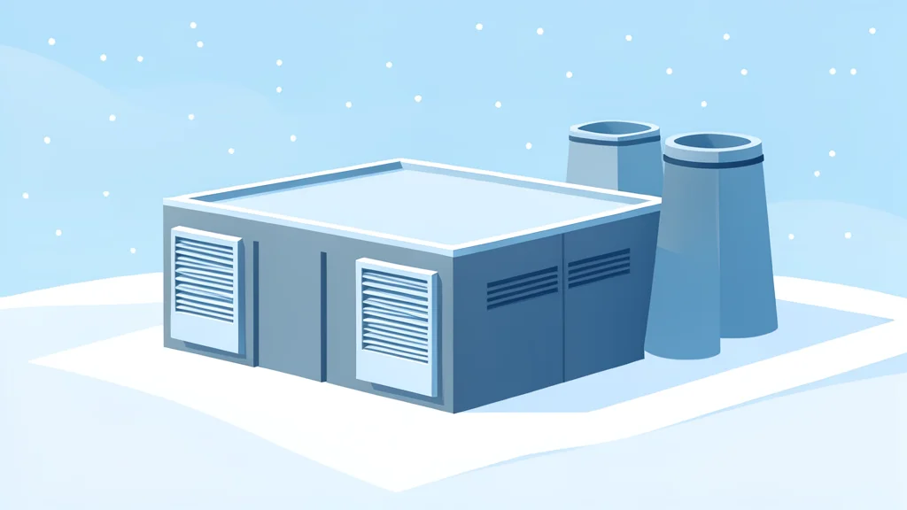 A modern industrial building with large ventilation units and cooling towers standing in a snowy landscape