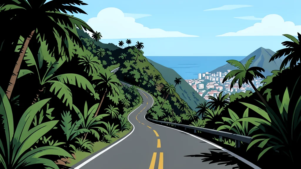 A winding mountain road cuts through dense green vegetation, leading down toward a hazy coastal city in the distance.