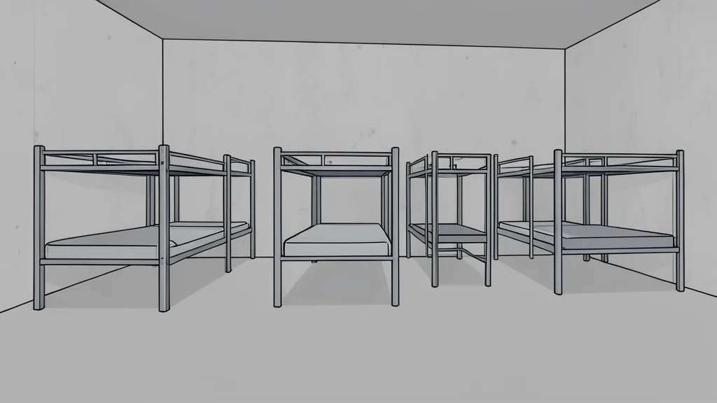 A row of empty metal bunk beds in a sterile, concrete-walled room