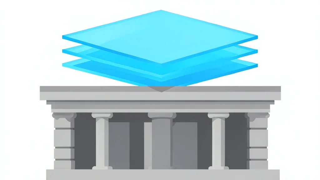 A digital ledger represented by a stack of translucent, glowing glass sheets floating above a traditional stone bank facade