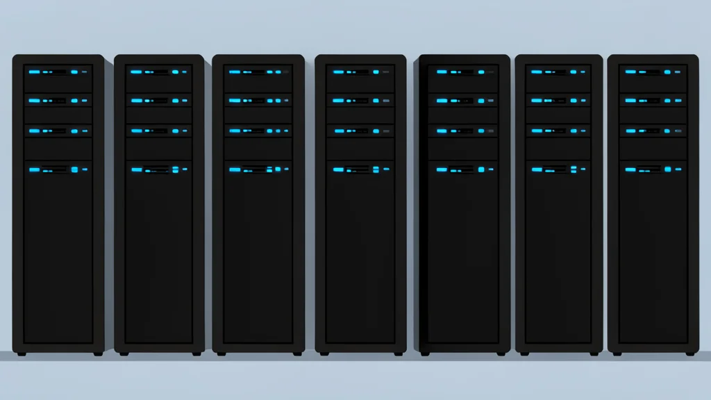 A modern server room with rows of black computer towers and glowing blue status lights