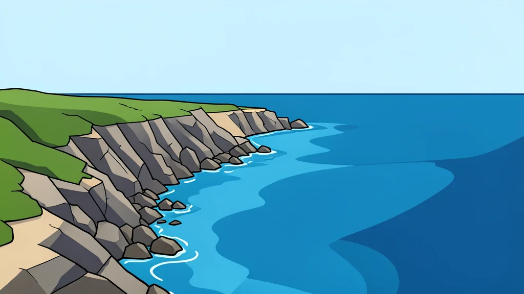 A rocky coastline meeting the sea near a narrow strait