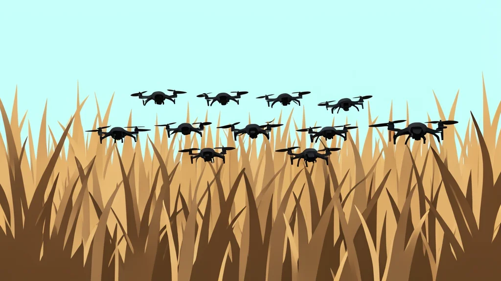 A cluster of small, dark quadcopter drones hovering low over a field of tall, dry grass