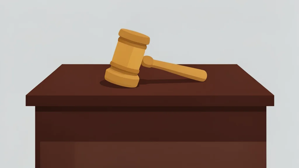A wooden gavel resting on a dark mahogany desk