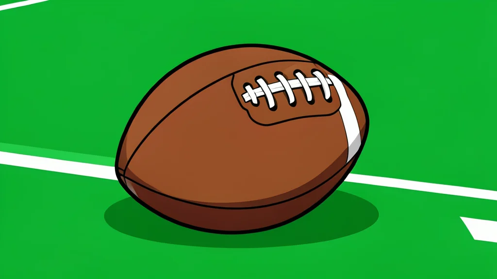 A green football field with white yard lines and a brown leather football resting on the grass