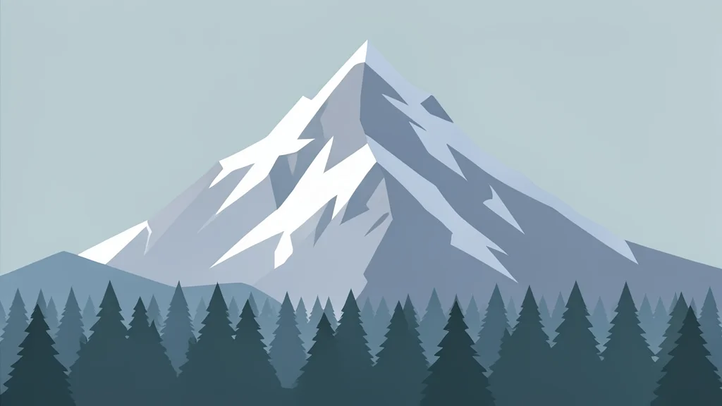 A rugged, snow-covered mountain peak in a high-latitude landscape with a dense pine forest at its base.