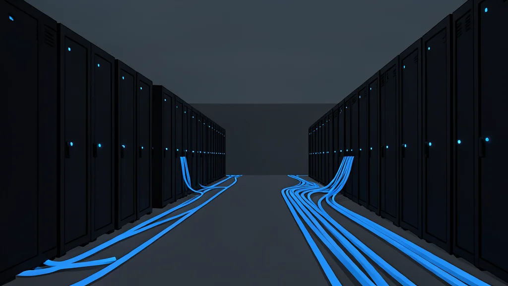 A dimly lit server room with rows of black cabinets and glowing blue status lights.