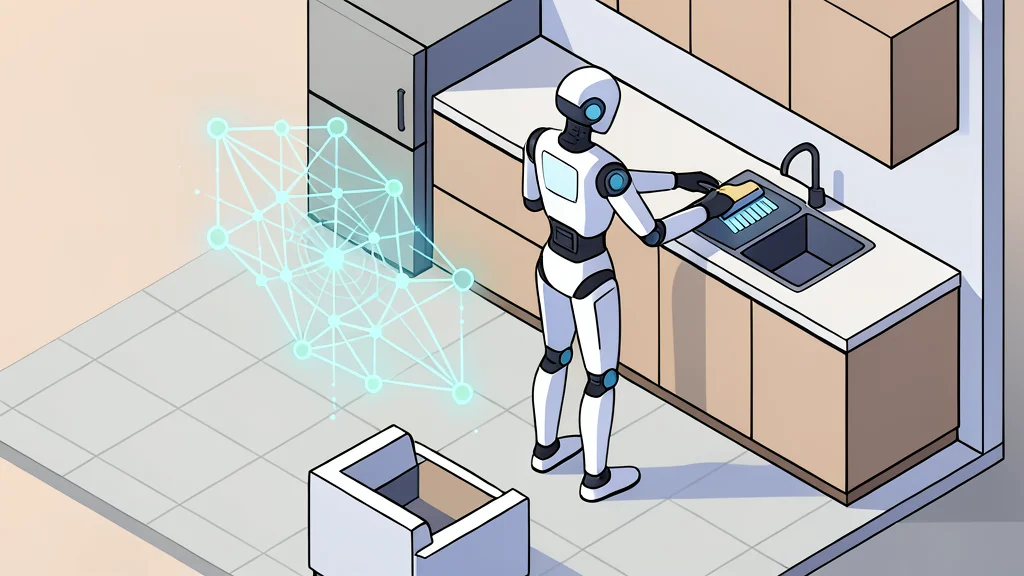A flat-vector illustration of a humanoid robot standing in a living room, reaching out to pick up a toy from the floor
