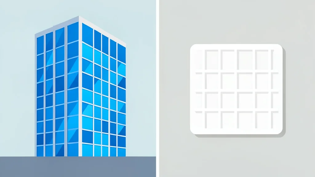A split view showing a modern glass office building on one side and a clean, white semiconductor wafer on the other
