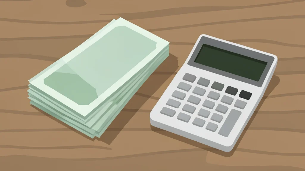 A stack of paper currency and a calculator on a wooden desk