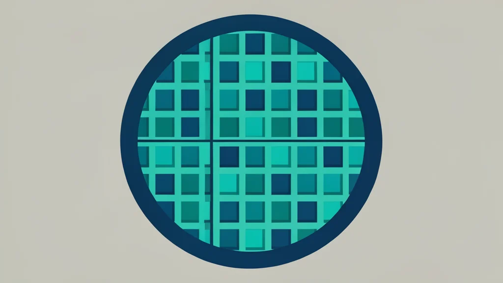 A close-up view of a silicon wafer featuring a precise grid of square microchips.