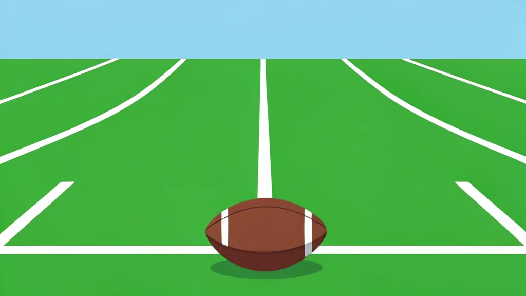 A green football field with white yard lines and a brown leather football resting on the grass