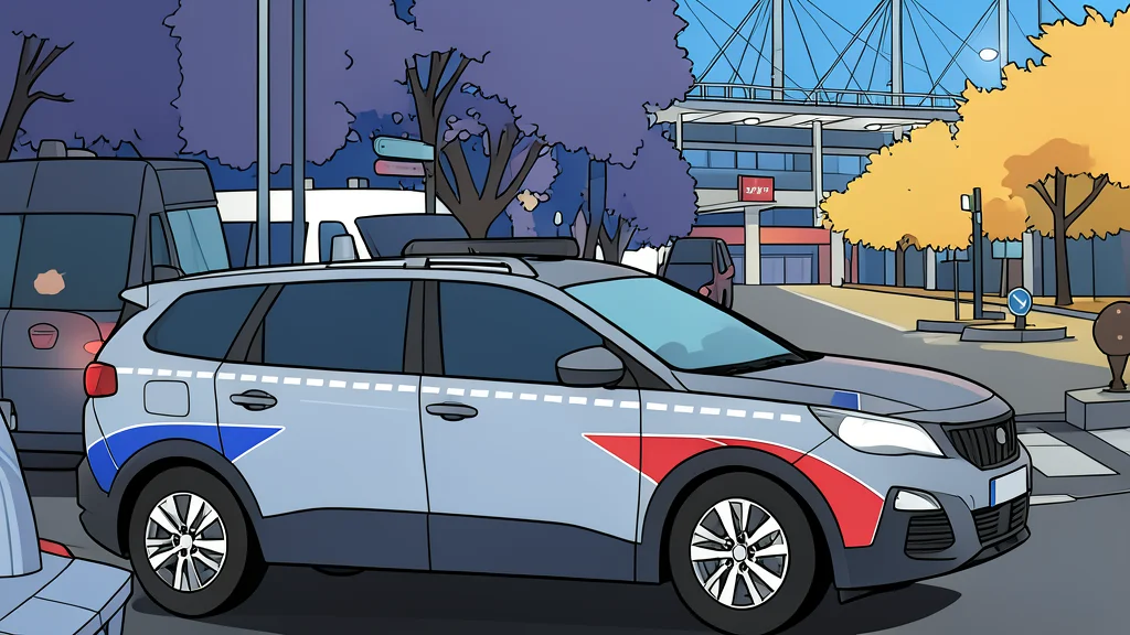 A blue police car parked on a cobblestone street with its emergency lights illuminated